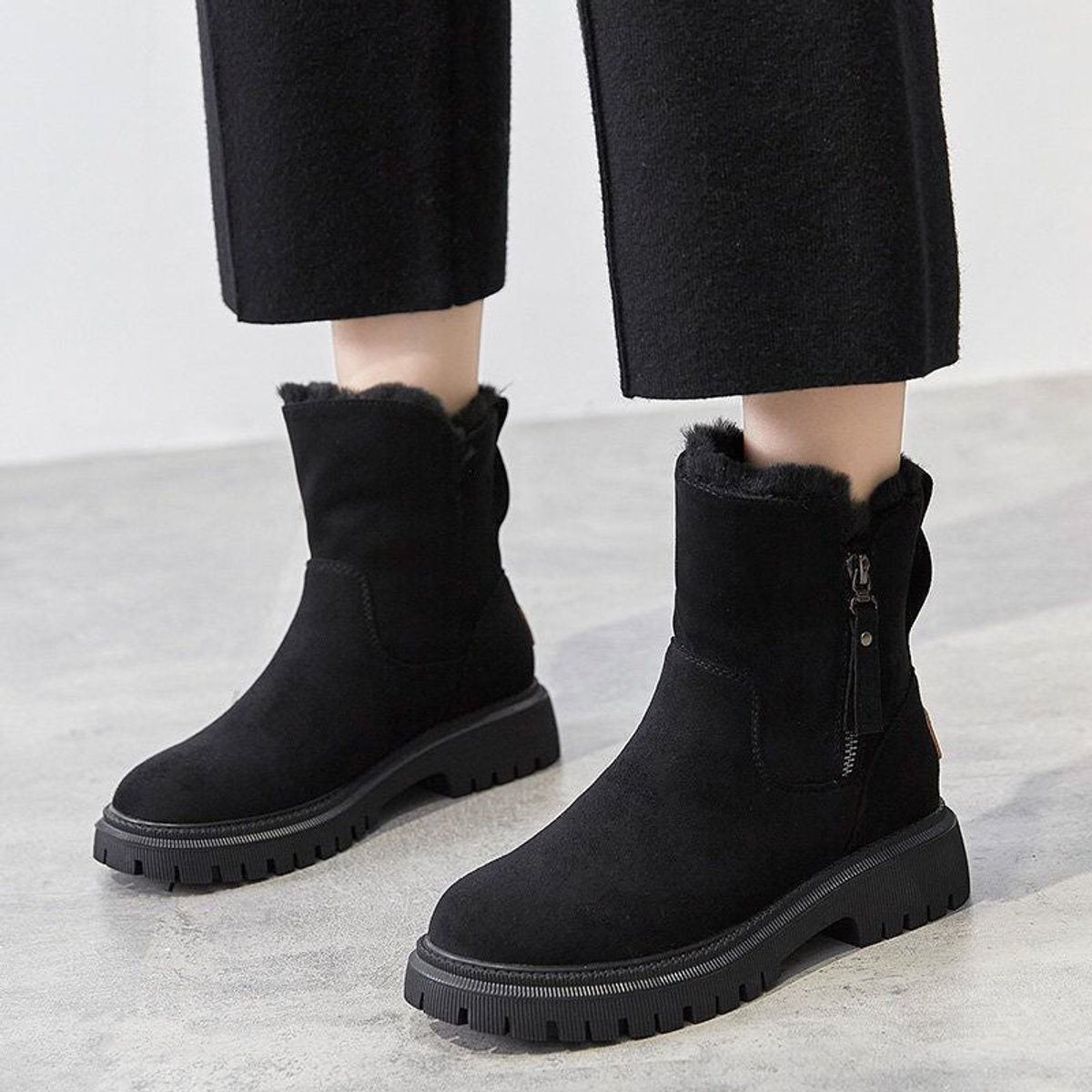 Women's Faux-Suede Fleece-Lined Slip-On Ankle Boots - Black