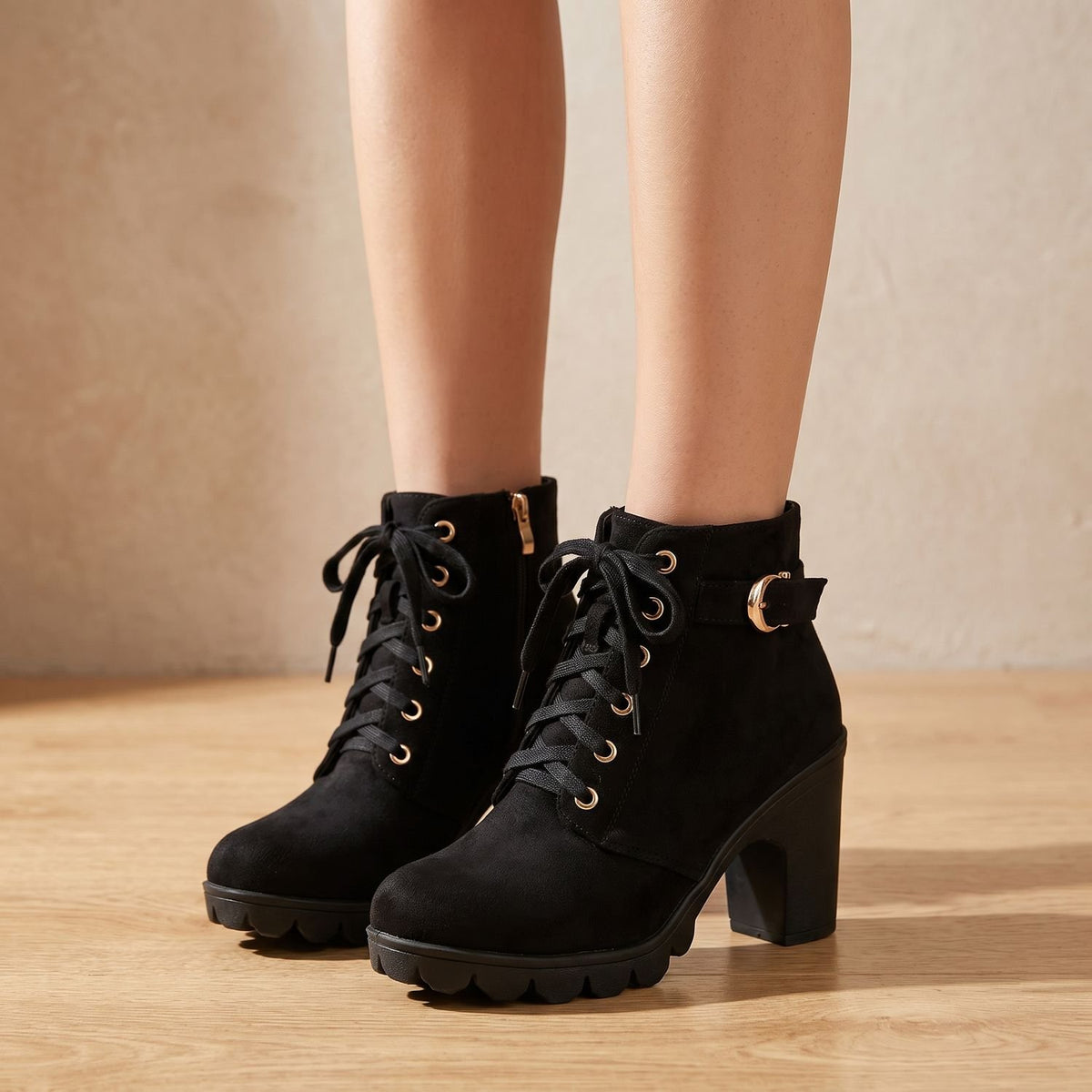 Women's Faux Suede Lace-Up Block Heel Ankle Boots - Black