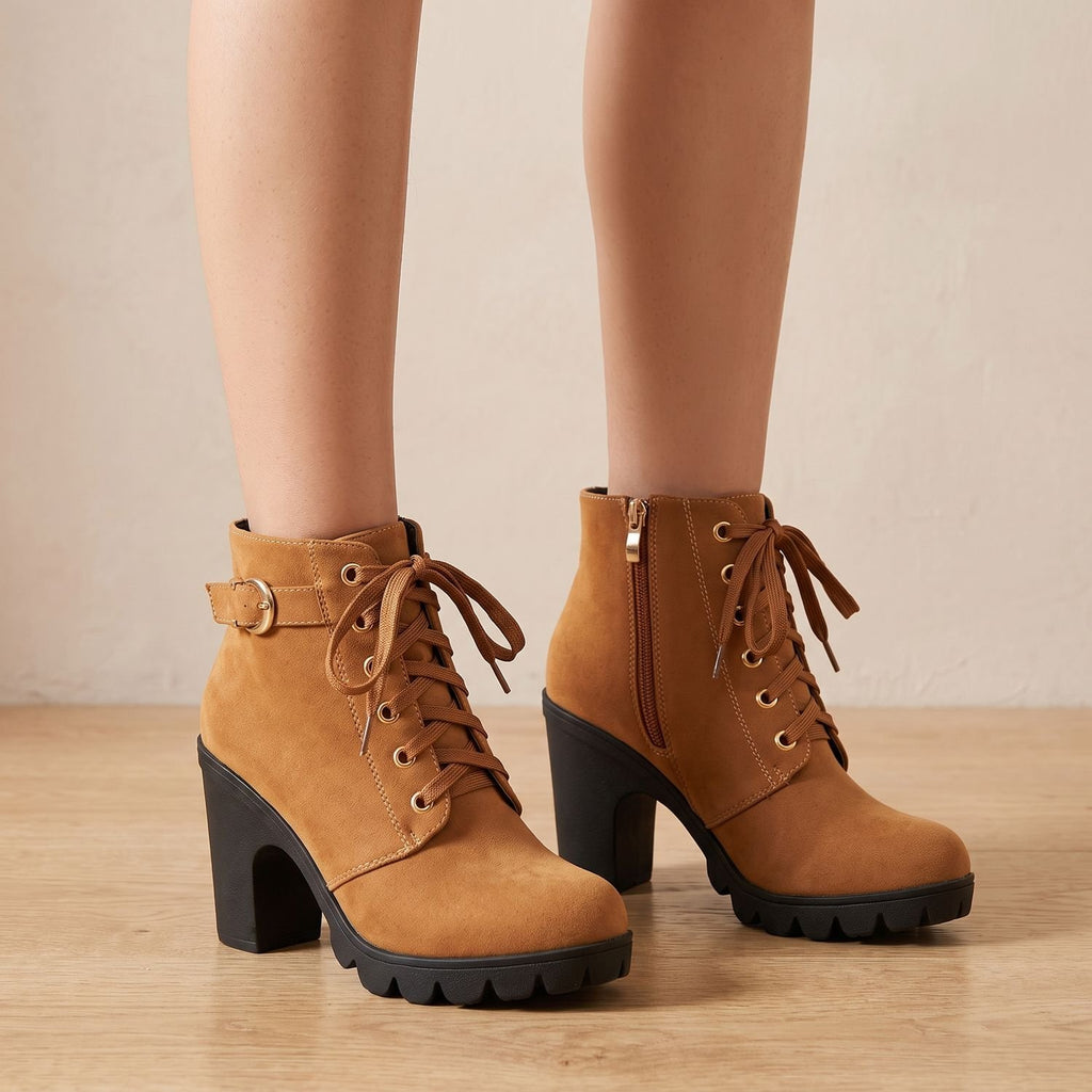 Women's Faux Suede Lace-Up Block Heel Ankle Boots - Russet Brown