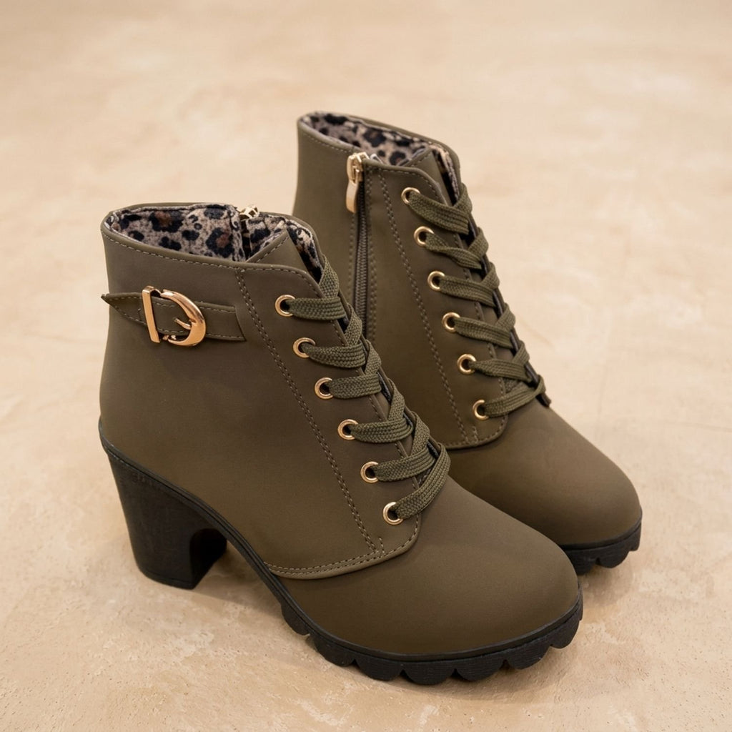 Women's Faux Suede Lace-Up Block Heel Ankle Boots - Military Green