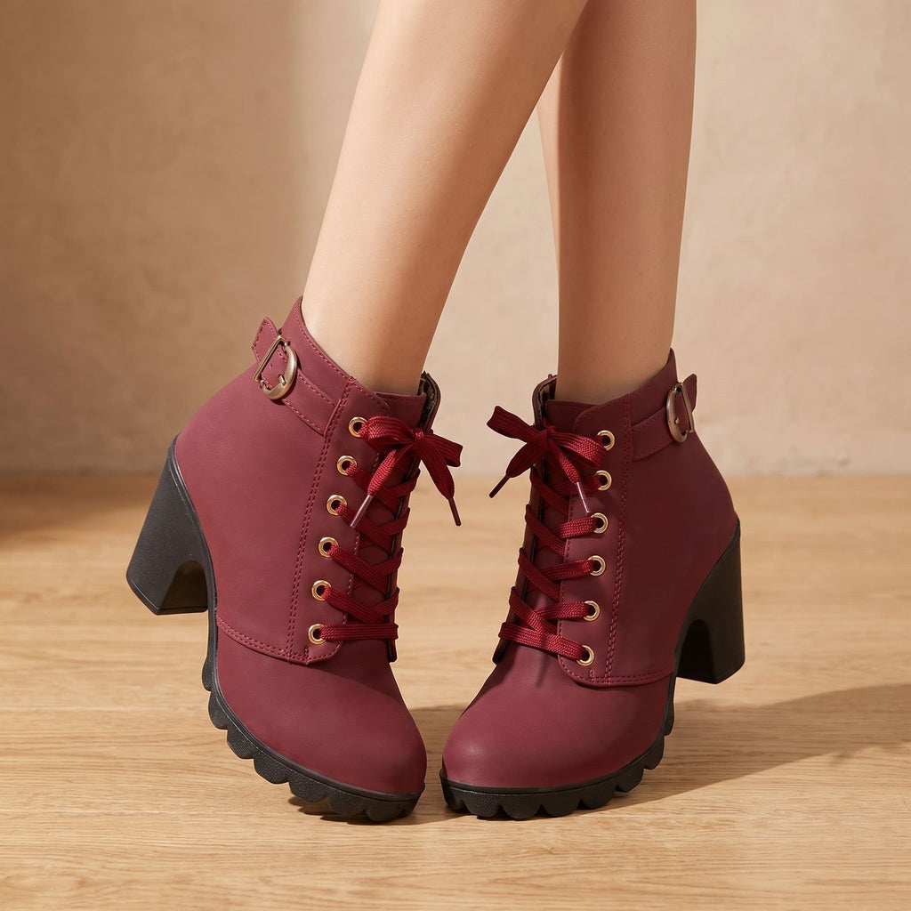 Women's Faux Suede Lace-Up Block Heel Ankle Boots - Red