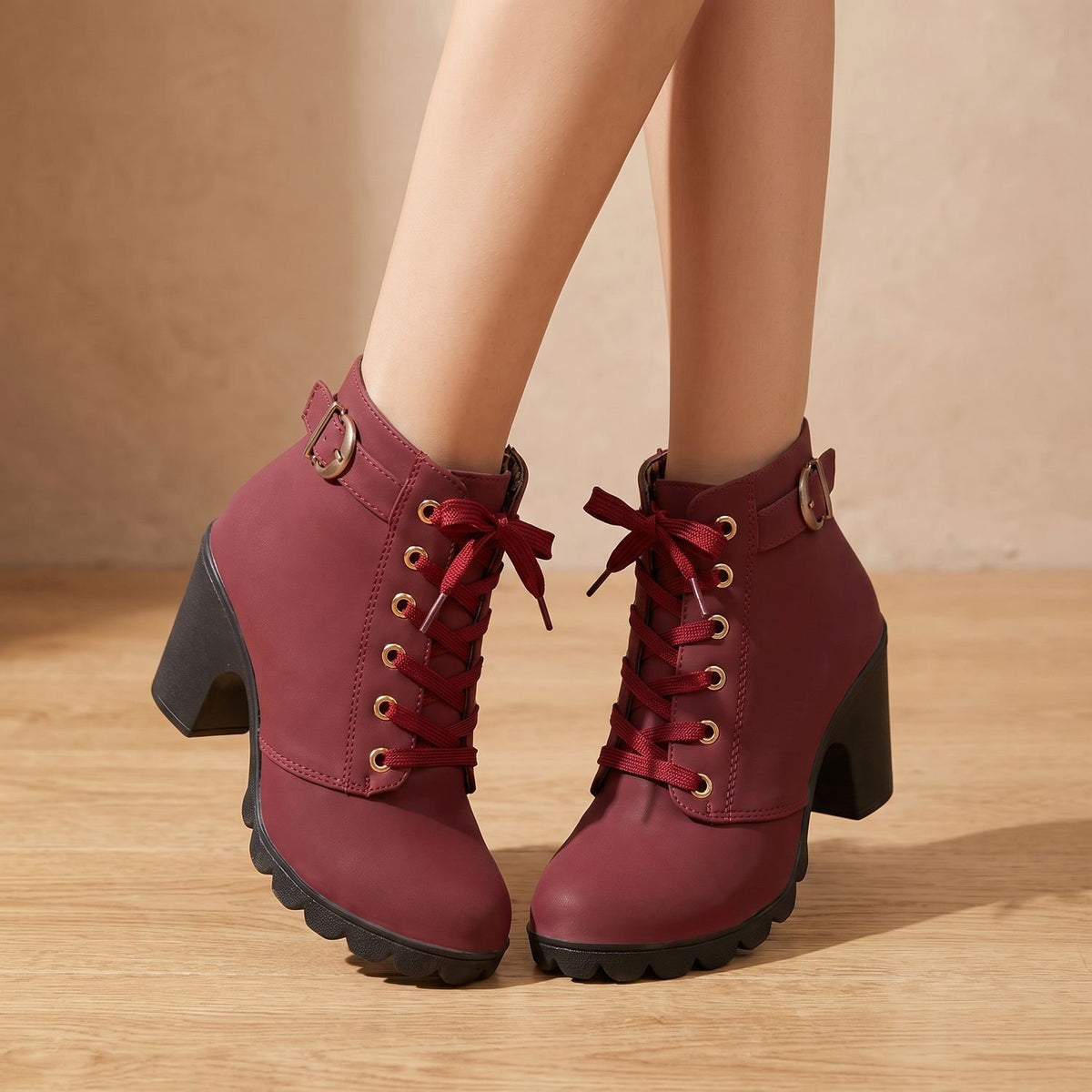 Women's Faux Suede Lace-Up Block Heel Ankle Boots - Red
