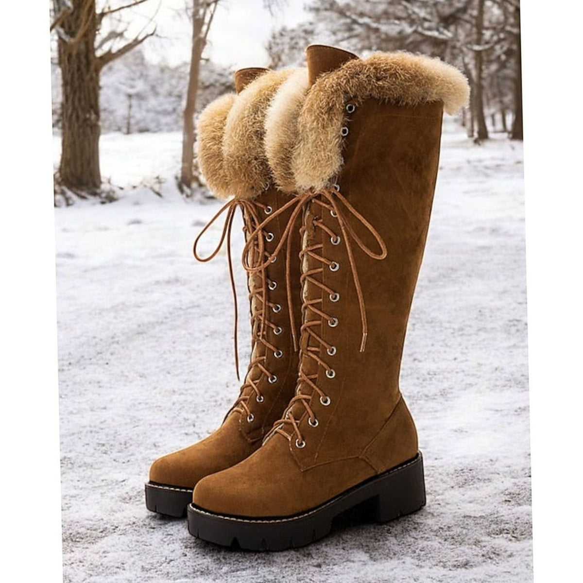 Women's Faux-Suede Lace-Up Plush-Cuff Knee-High Snow Boots - Camel