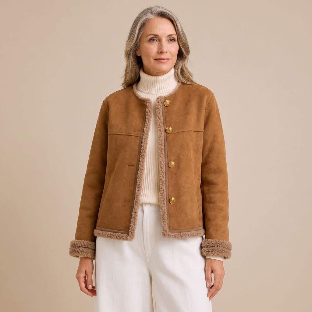 Women's Faux Suede Shearling-Trim Gold-Button Short Jacket - Brown