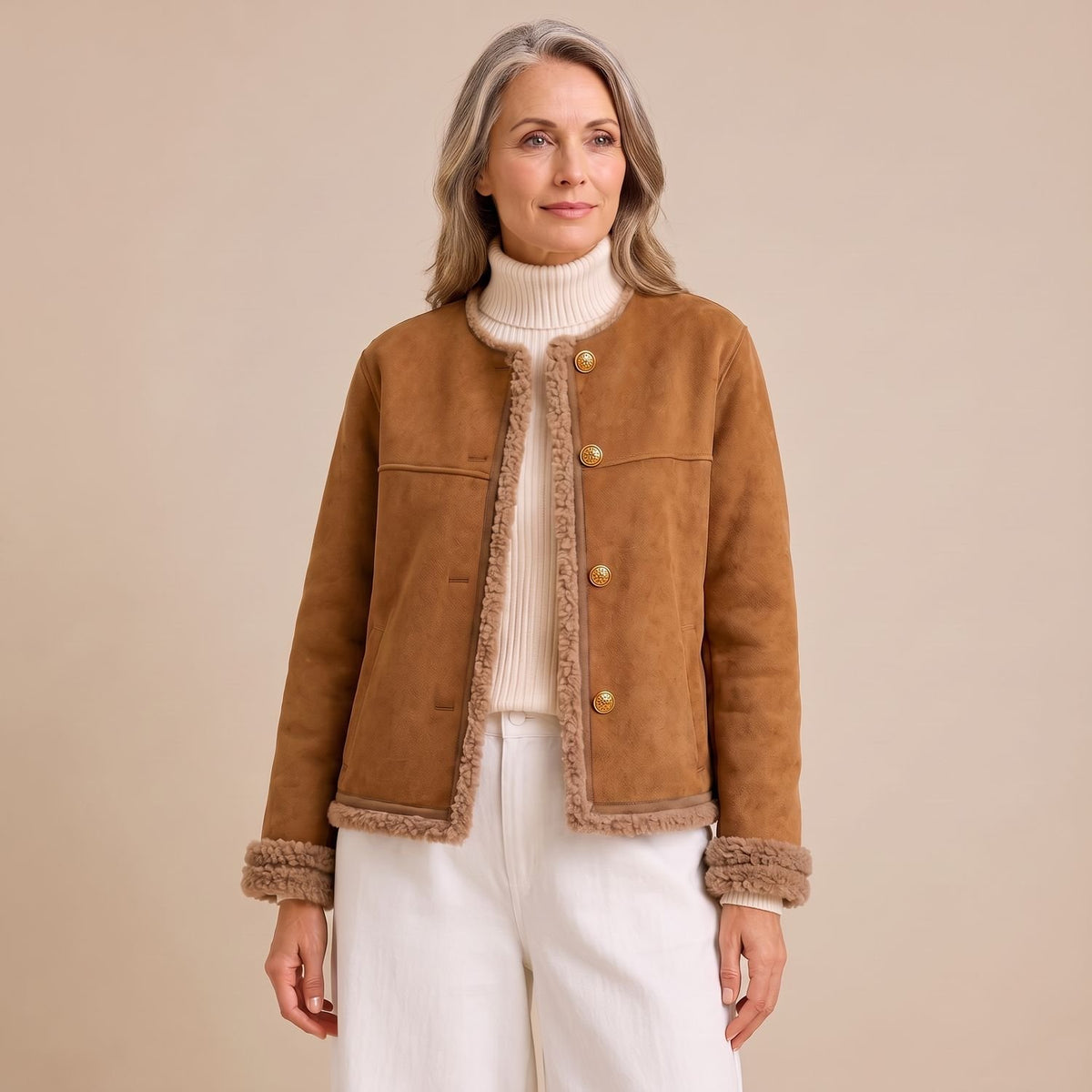 Women's Faux Suede Shearling-Trim Gold-Button Short Jacket