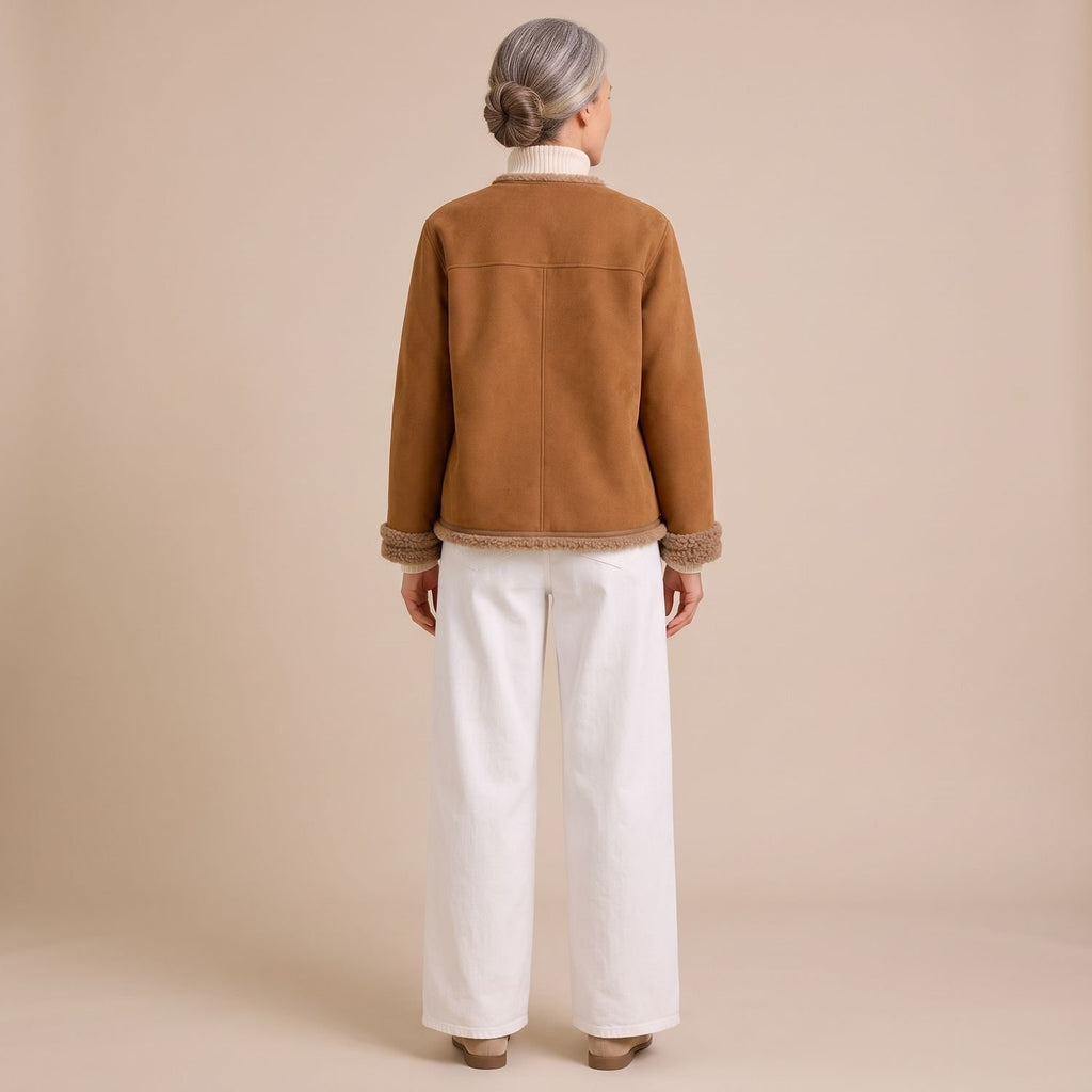 Women's Faux Suede Shearling-Trim Gold-Button Short Jacket