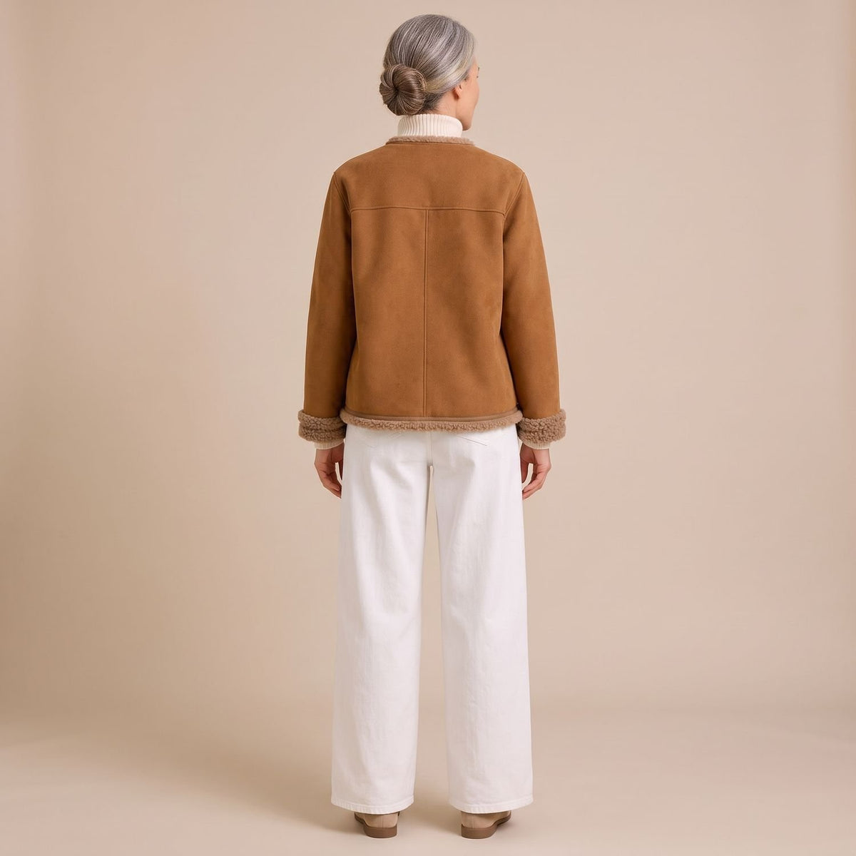 Women's Faux Suede Shearling-Trim Gold-Button Short Jacket