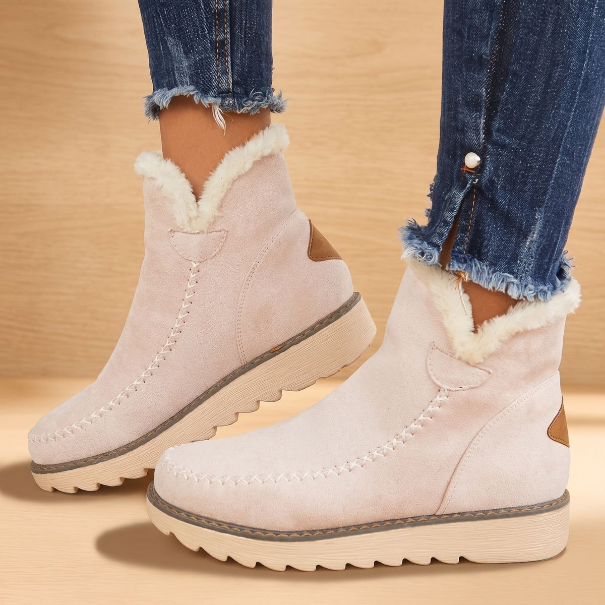 Women's Faux Suede Slip-On Platform Ankle Boots Sherpa Trim - Khaki