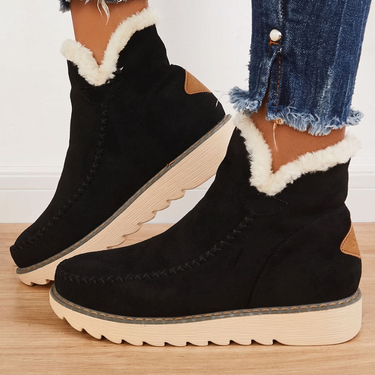 Women's Faux Suede Slip-On Platform Ankle Boots Sherpa Trim - Black