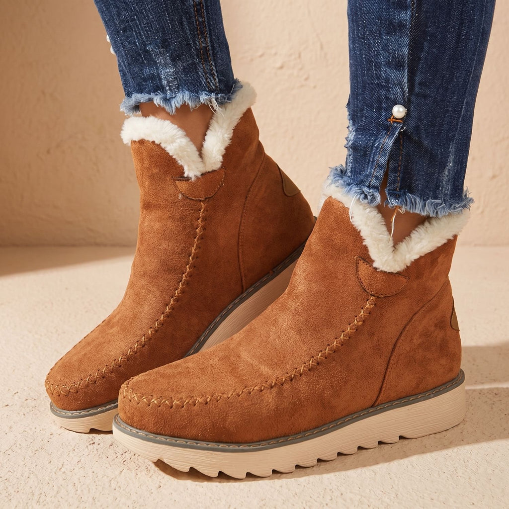 Women's Faux Suede Slip-On Platform Ankle Boots Sherpa Trim - Brown