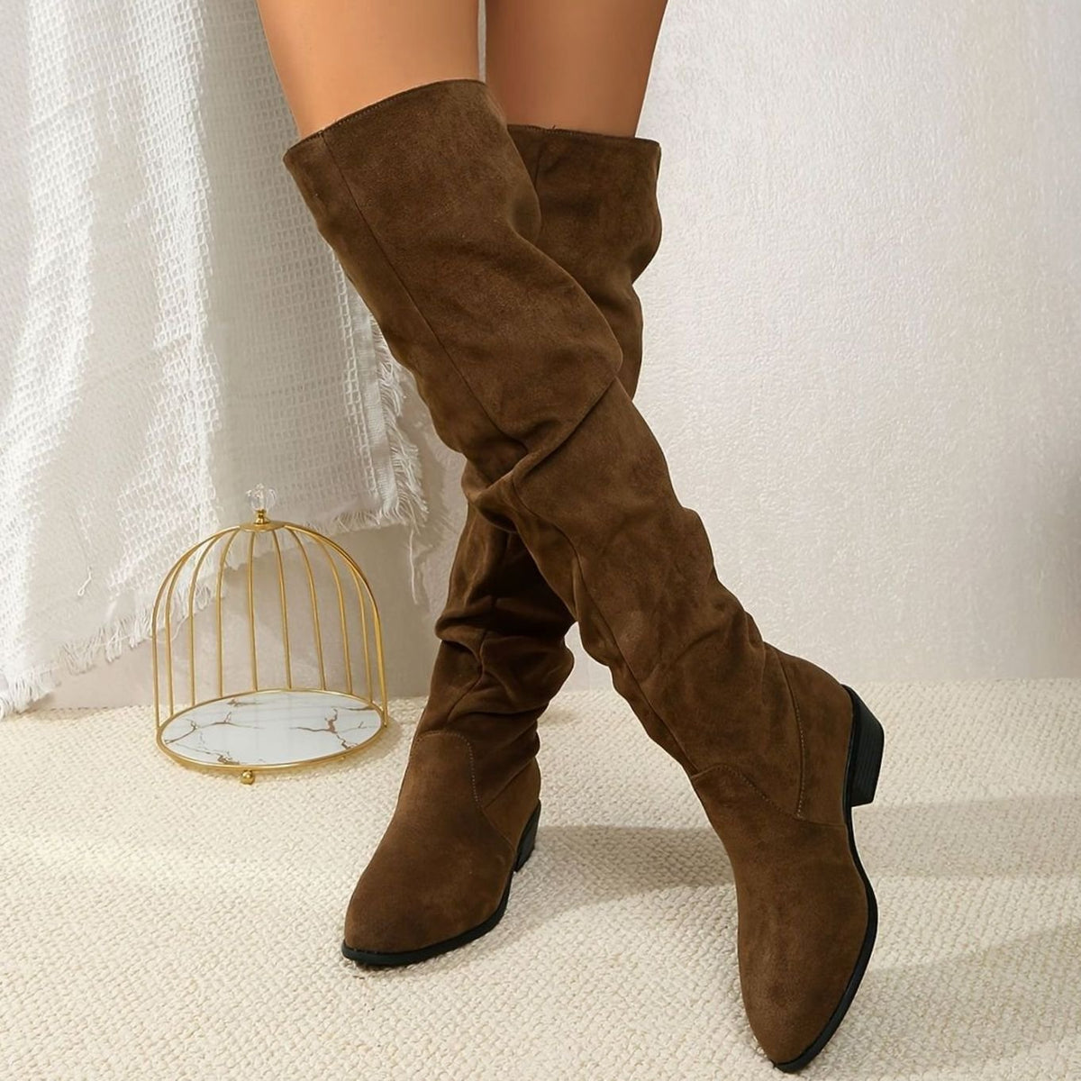 Women's Faux Suede Slouchy Over-the-Knee High Boots - Khaki