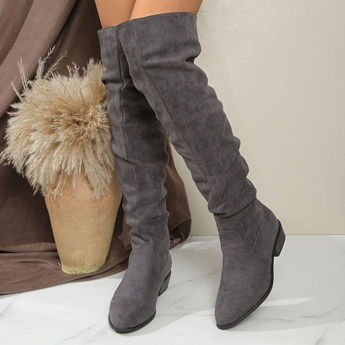 Women's Faux Suede Slouchy Over-the-Knee High Boots - Gray