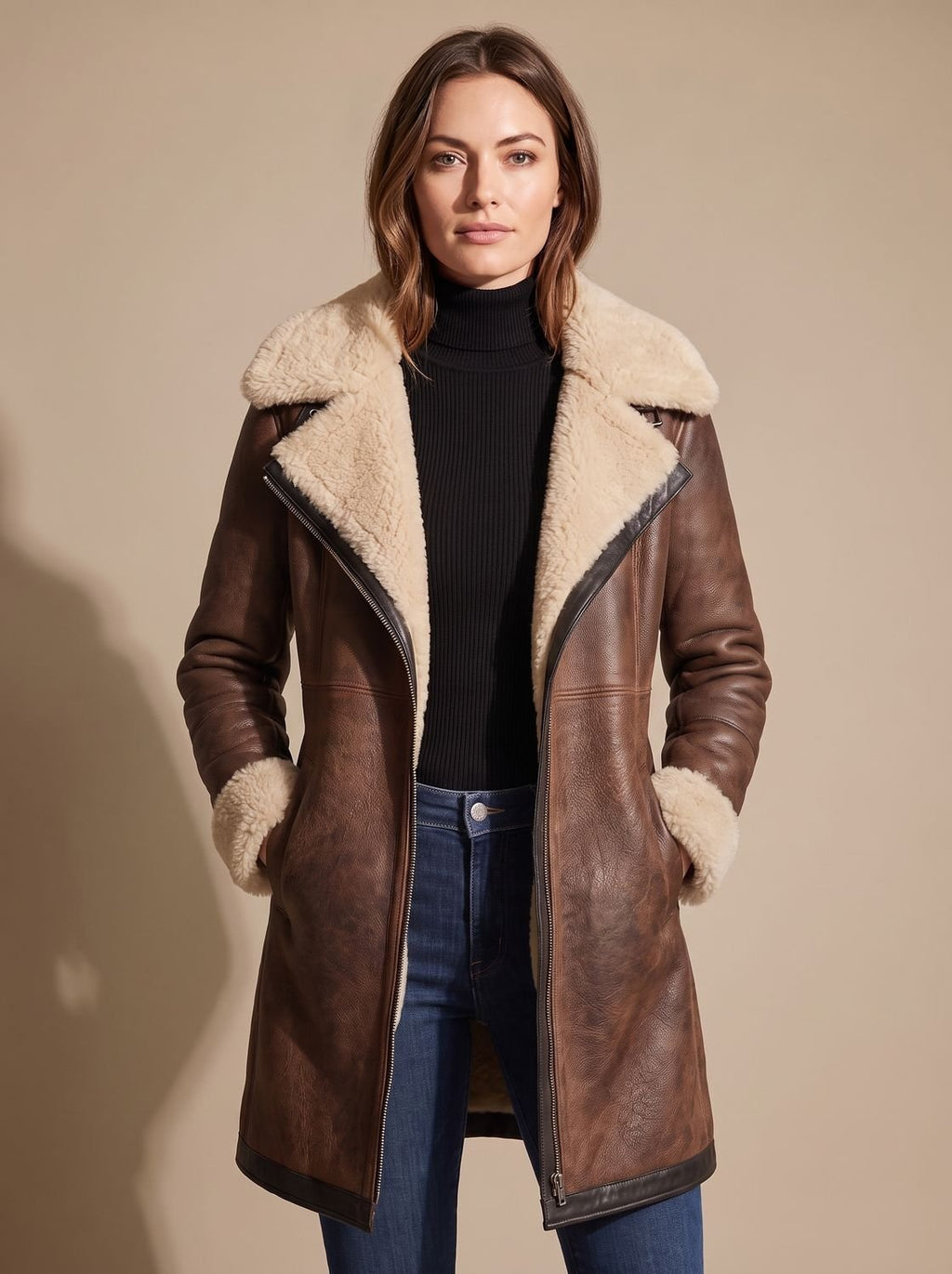 Women's Faux Suede Zip-Up Shearling-Lined Coat - Dark Brown