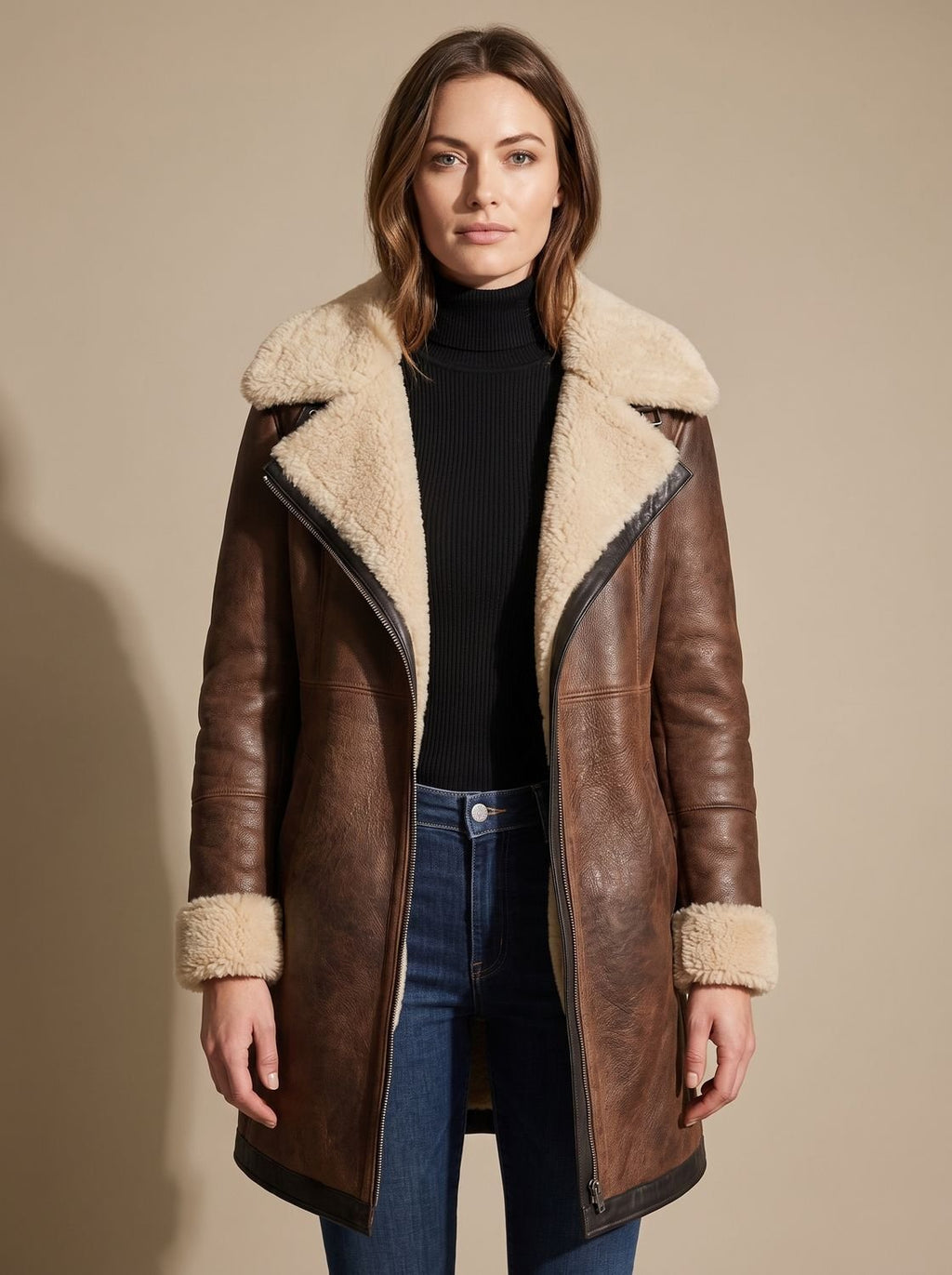 Women's Faux Suede Zip-Up Shearling-Lined Coat