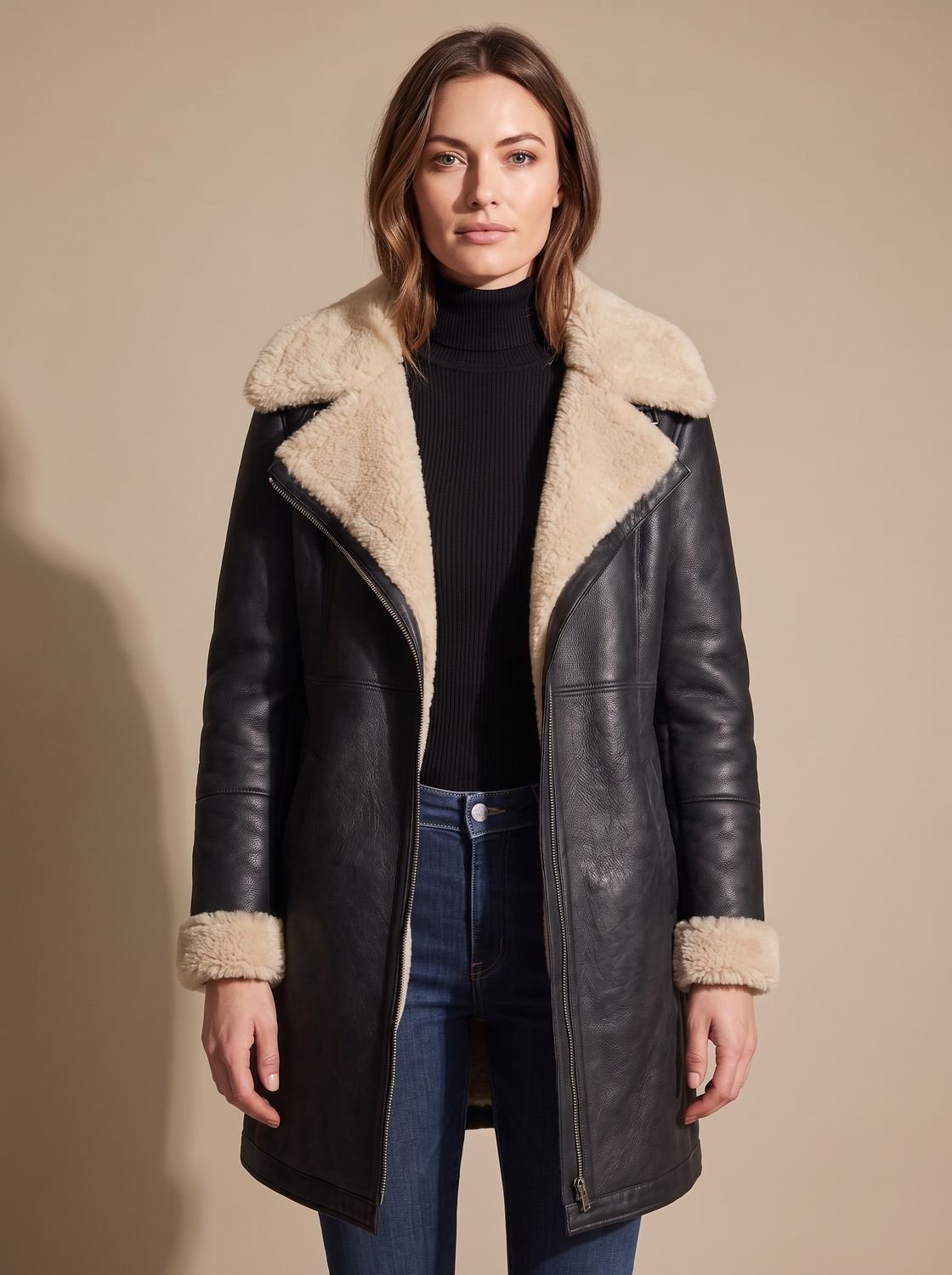 Women's Faux Suede Zip-Up Shearling-Lined Coat