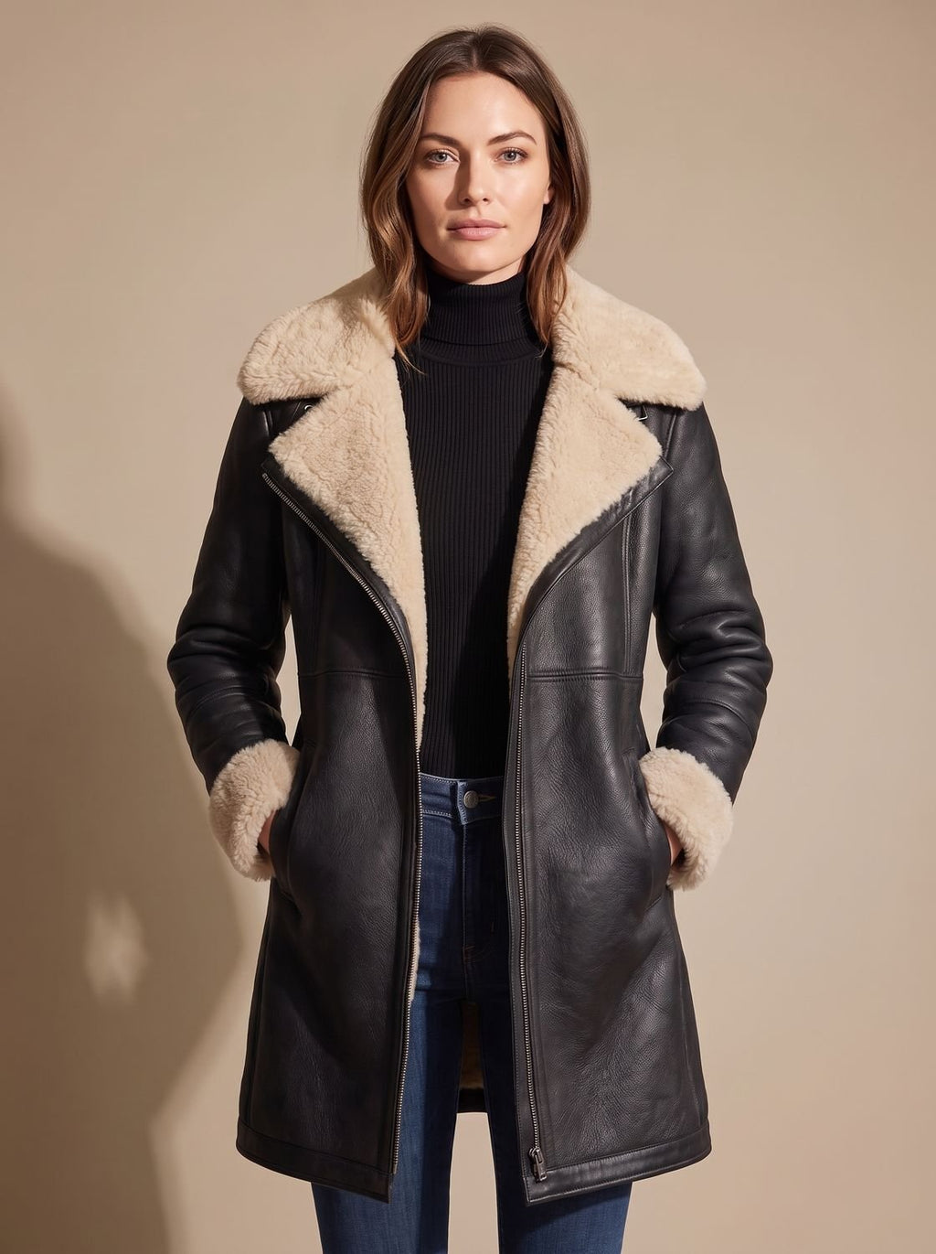 Women's Faux Suede Zip-Up Shearling-Lined Coat - Black