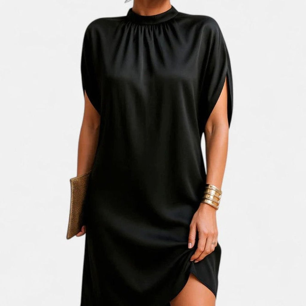 Women's Figure Flattering Mock-Neck Slit-Sleeve Mini Dress - Black