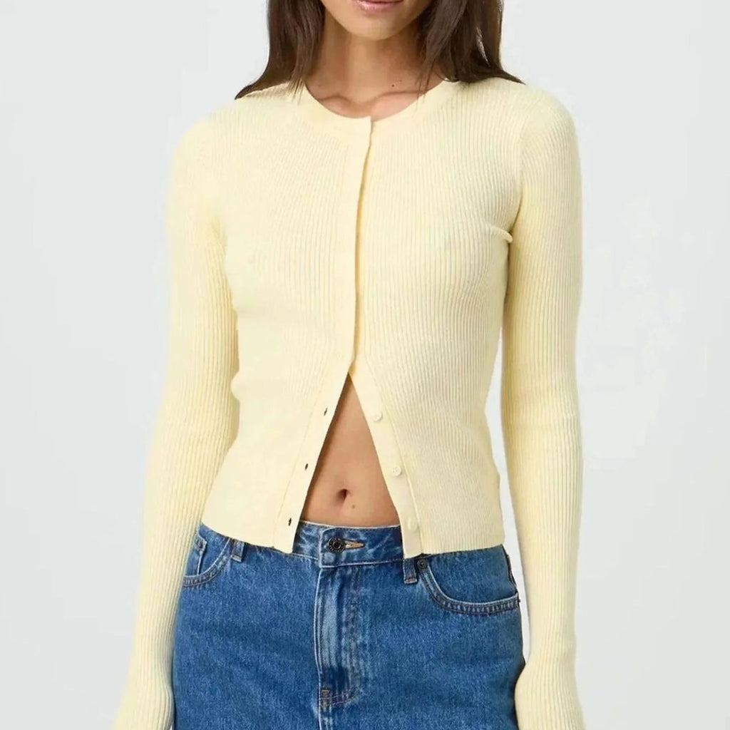 Women's Fitted Ribbed Cropped Cardigan Long Sleeve - Yellow