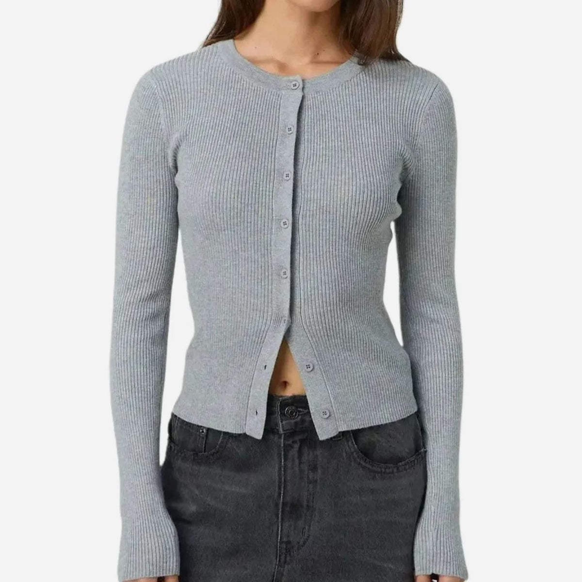 Women's Fitted Ribbed Cropped Cardigan Long Sleeve - Gray