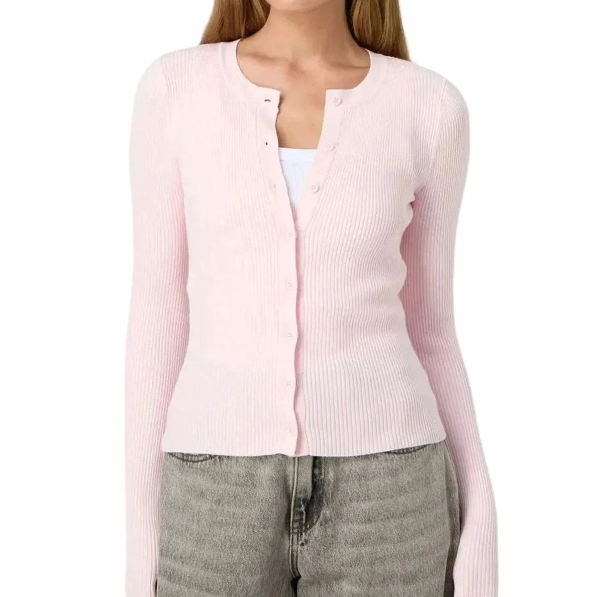 Women's Fitted Ribbed Cropped Cardigan Long Sleeve - Pink