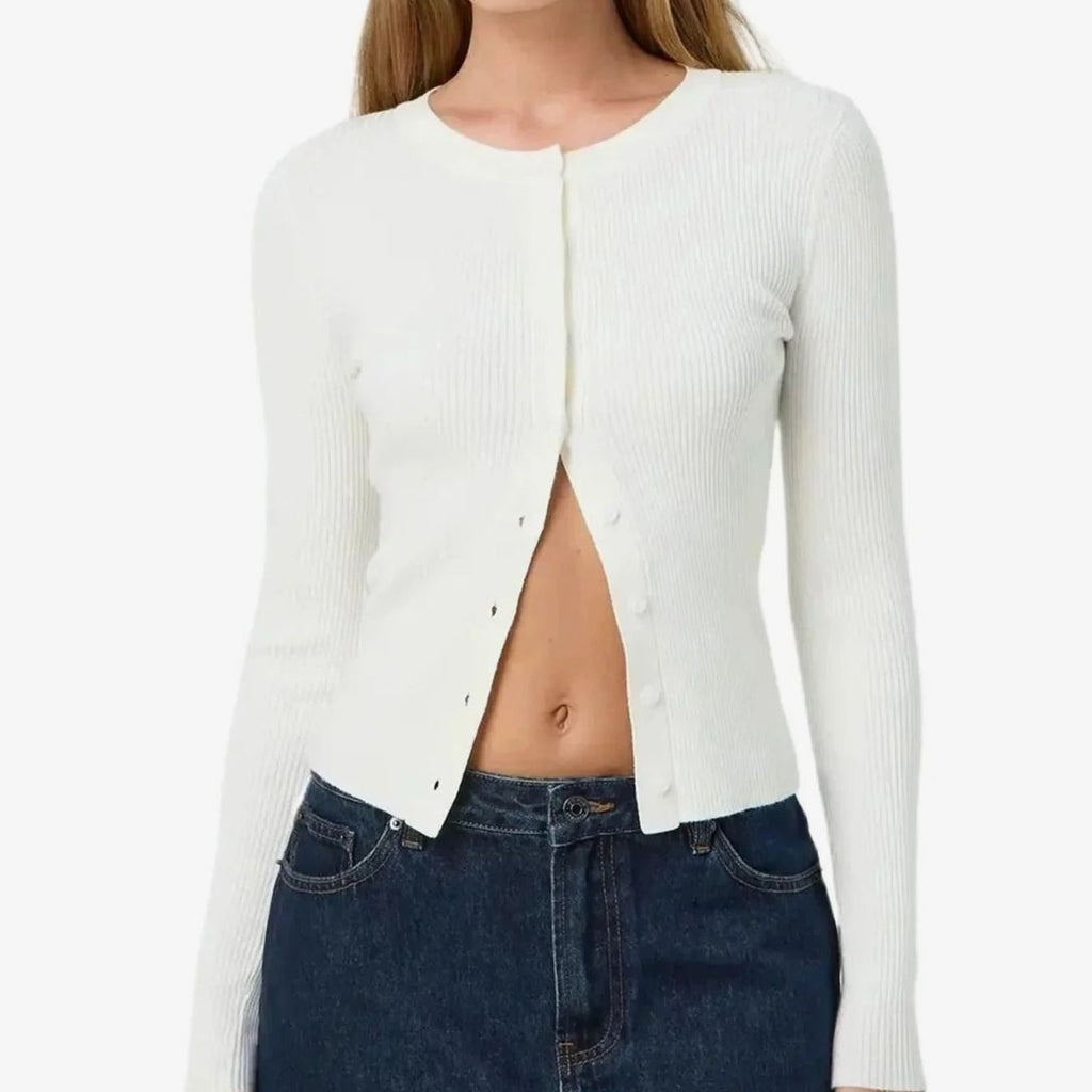 Women's Fitted Ribbed Cropped Cardigan Long Sleeve - White