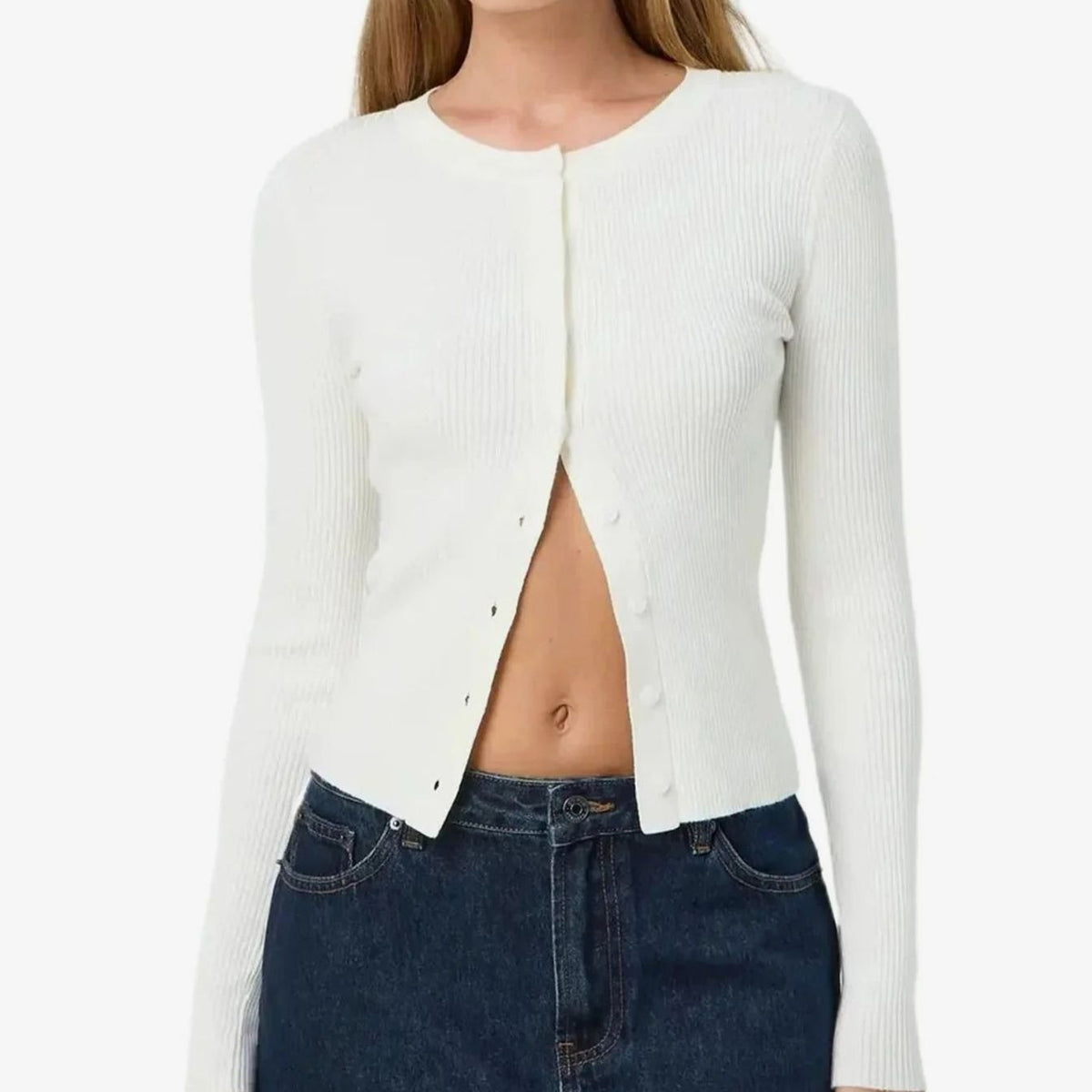 Women's Fitted Ribbed Cropped Cardigan Long Sleeve - White