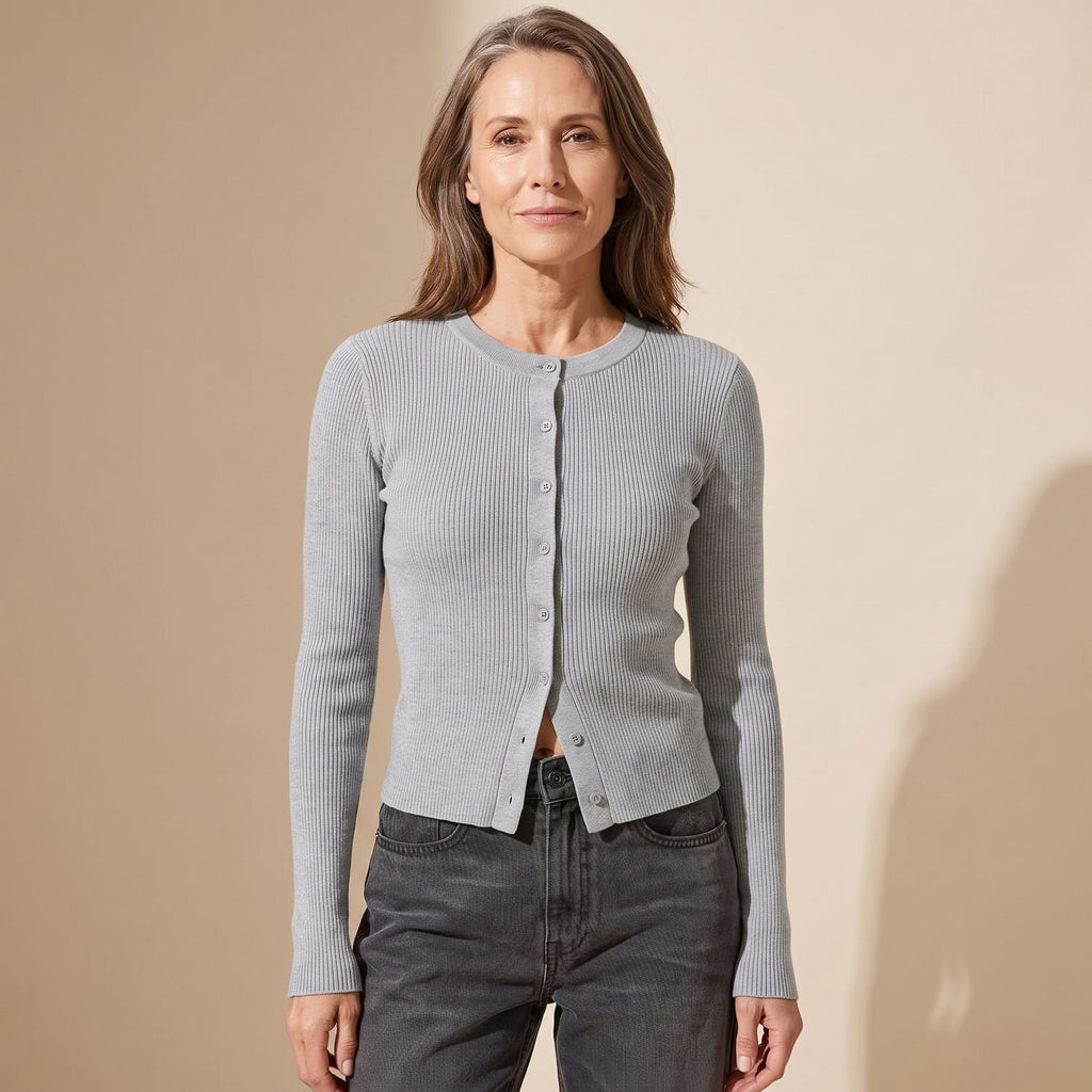 Women's Fitted Ribbed Knit Cardigan Long-Sleeve Cropped Sweater - Gray