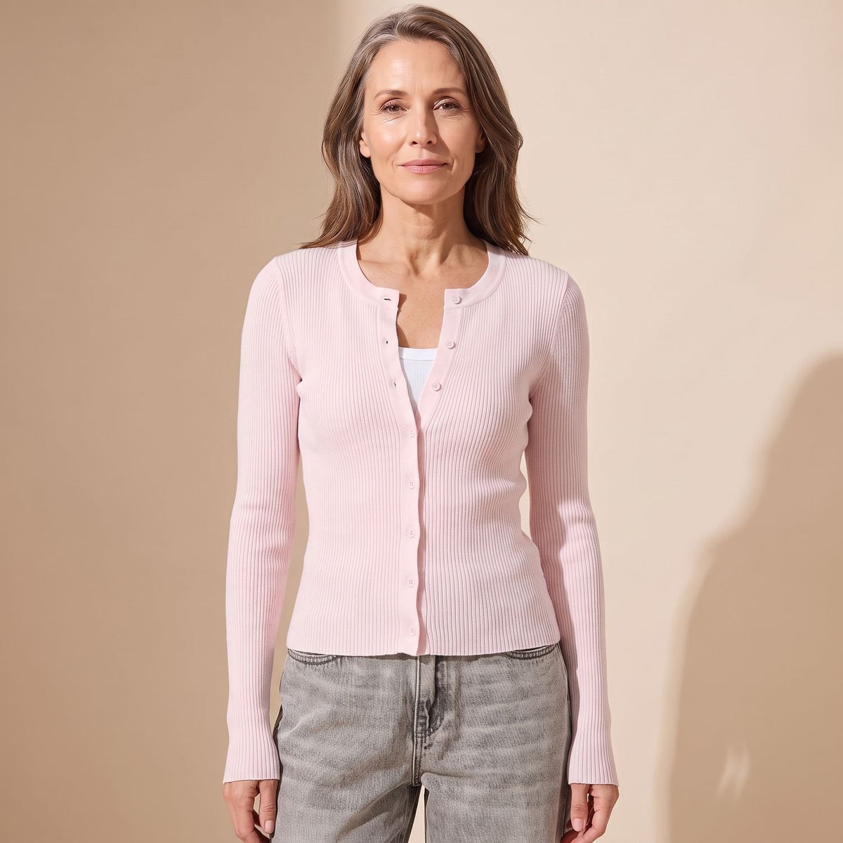 Women's Fitted Ribbed Knit Cardigan Long-Sleeve Cropped Sweater - Pink