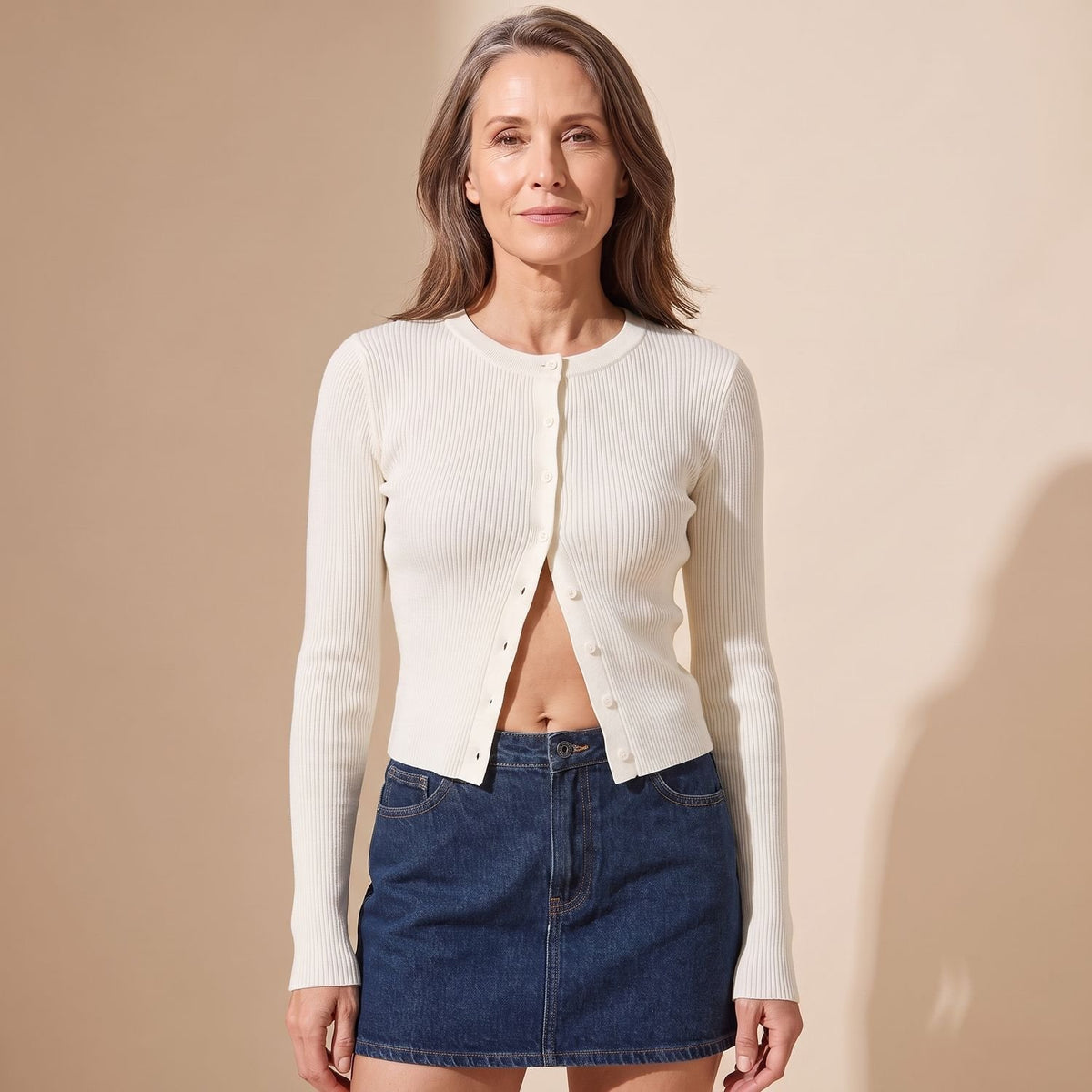 Women's Fitted Ribbed Knit Cardigan Long-Sleeve Cropped Sweater - White