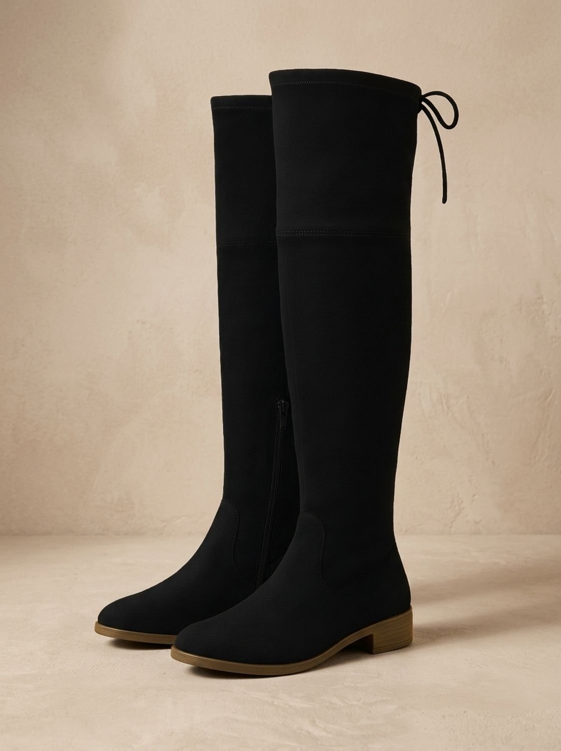 Women's Flat Over-the-Knee Suede Side-Zip Boots - Black