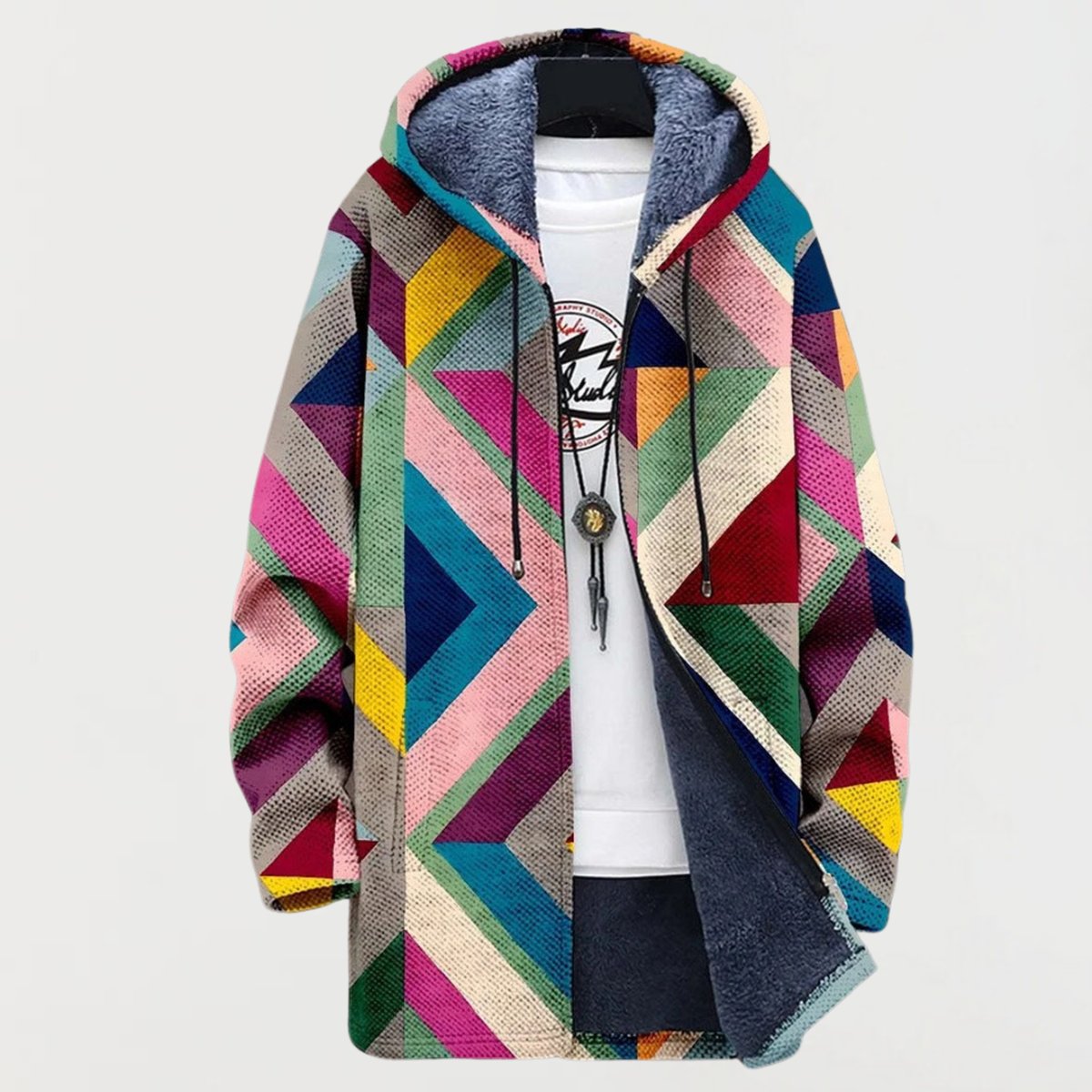 Women's Fleece-Lined Geometric Print Hooded Sweater Cardigan