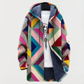 Women's Fleece-Lined Geometric Print Hooded Sweater Cardigan - Multicolor