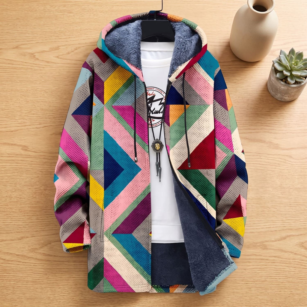Women's Fleece-Lined Geometric Print Hooded Zip-Up Cardigan - Pink