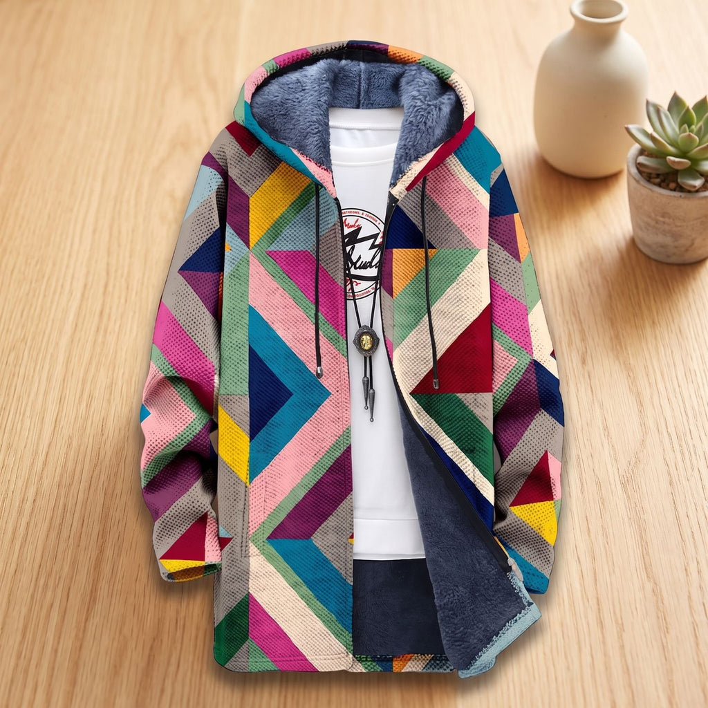 Women's Fleece-Lined Geometric Print Hooded Zip-Up Cardigan