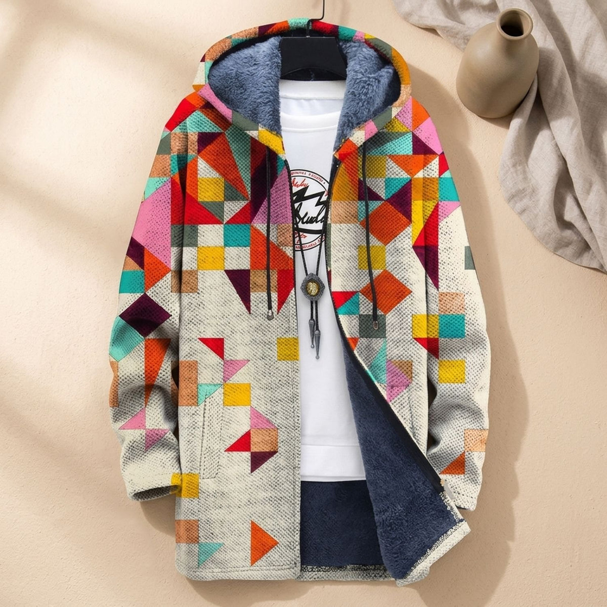 Women's Fleece-Lined Geometric Print Hooded Zip-Up Cardigan - Beige