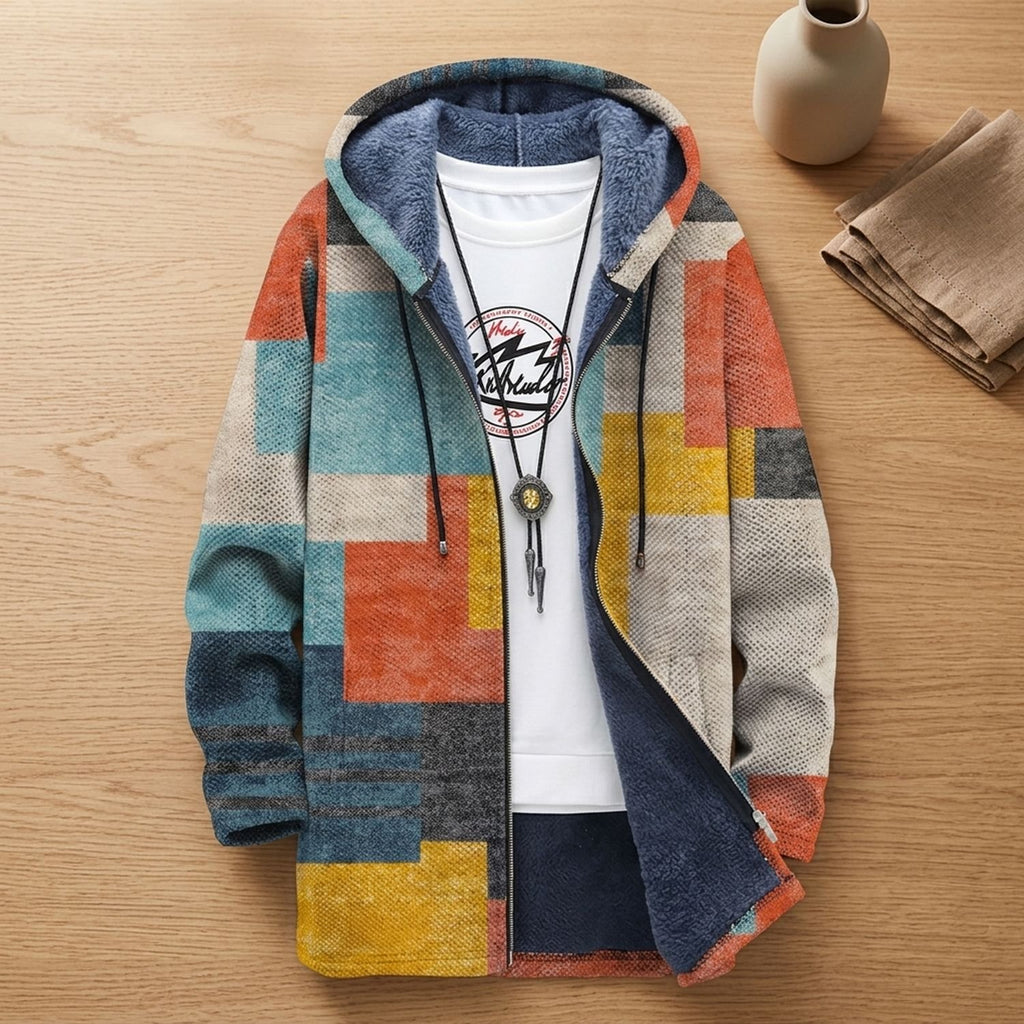 Women's Fleece-Lined Geometric Print Hooded Zip-Up Cardigan - Gray