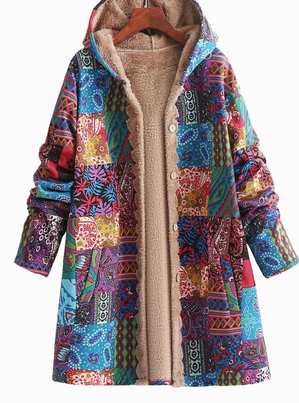 Women's Fleece-Lined Hooded Boho Patchwork Comfortable Jacket - Blue