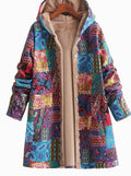 Women's Fleece-Lined Hooded Boho Patchwork Comfortable Jacket - Blue