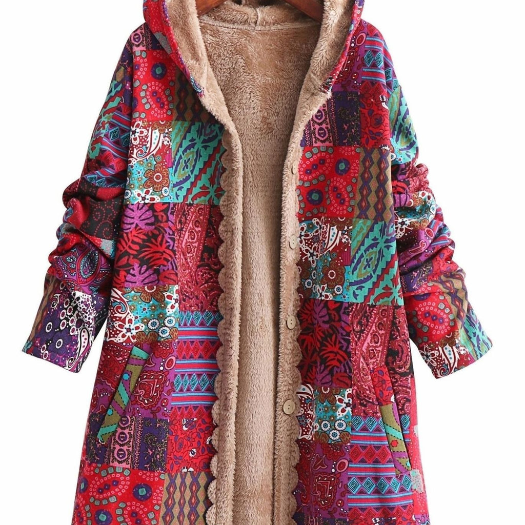 Women's Fleece-Lined Hooded Boho Patchwork Comfortable Jacket