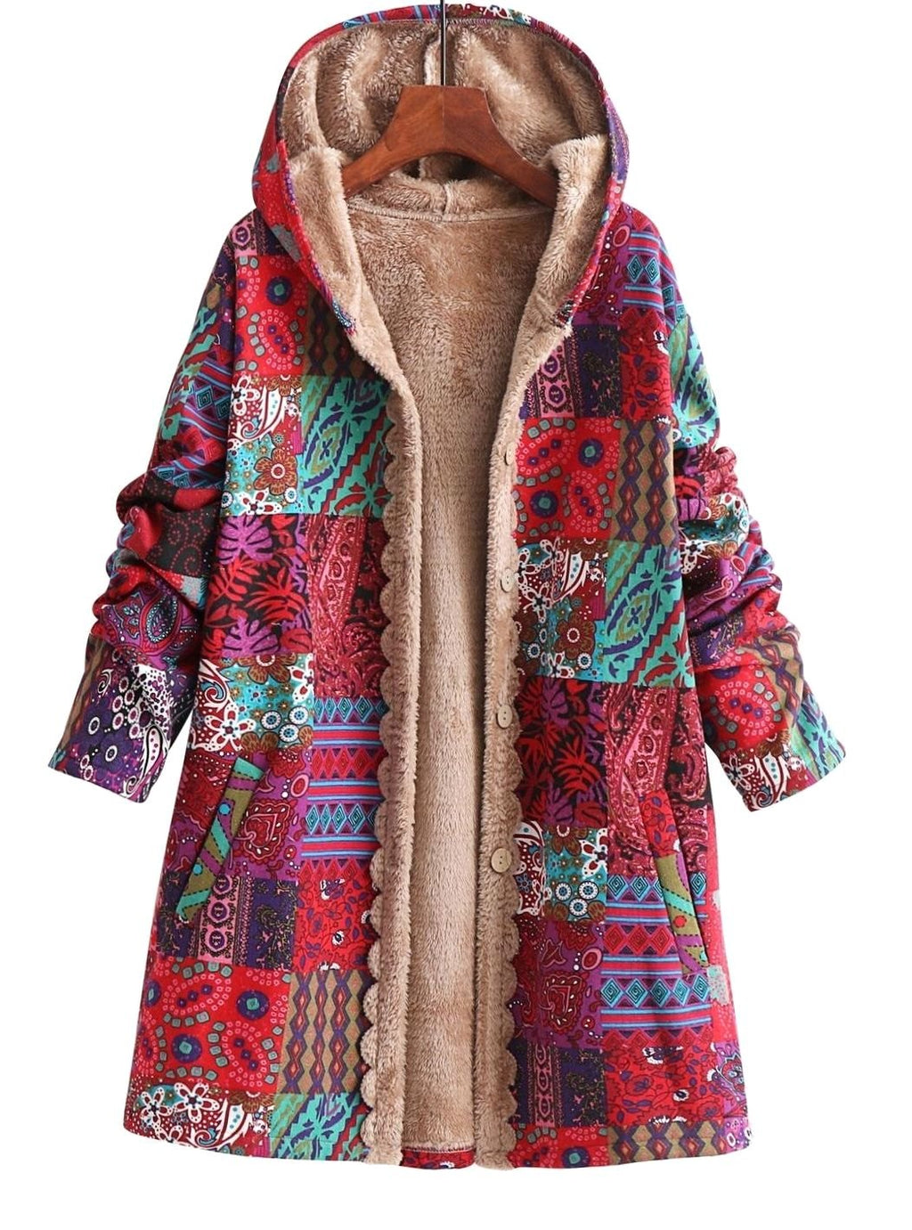 Women's Fleece-Lined Hooded Boho Patchwork Comfortable Jacket - Red