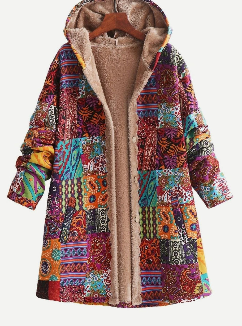Women's Fleece-Lined Hooded Boho Patchwork Comfortable Jacket - Ginger