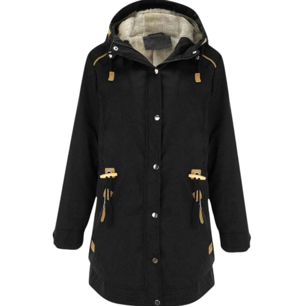 Women's Fleece-Lined Hooded Parka Winter Coat Adjustable Waist - Black