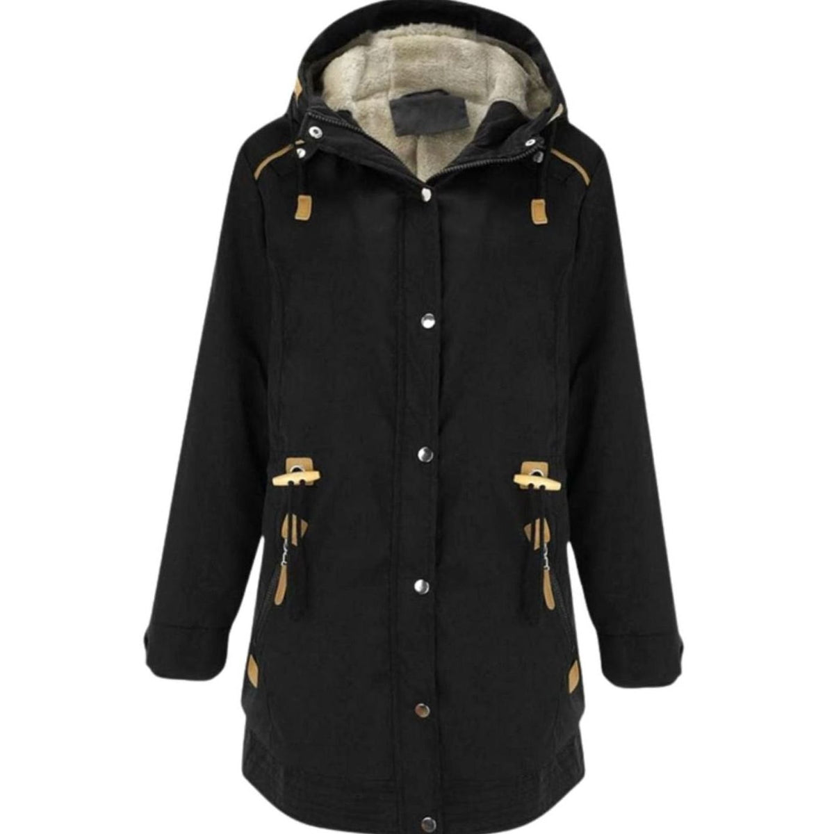 Women's Fleece-Lined Hooded Parka Winter Coat Adjustable Waist - Black