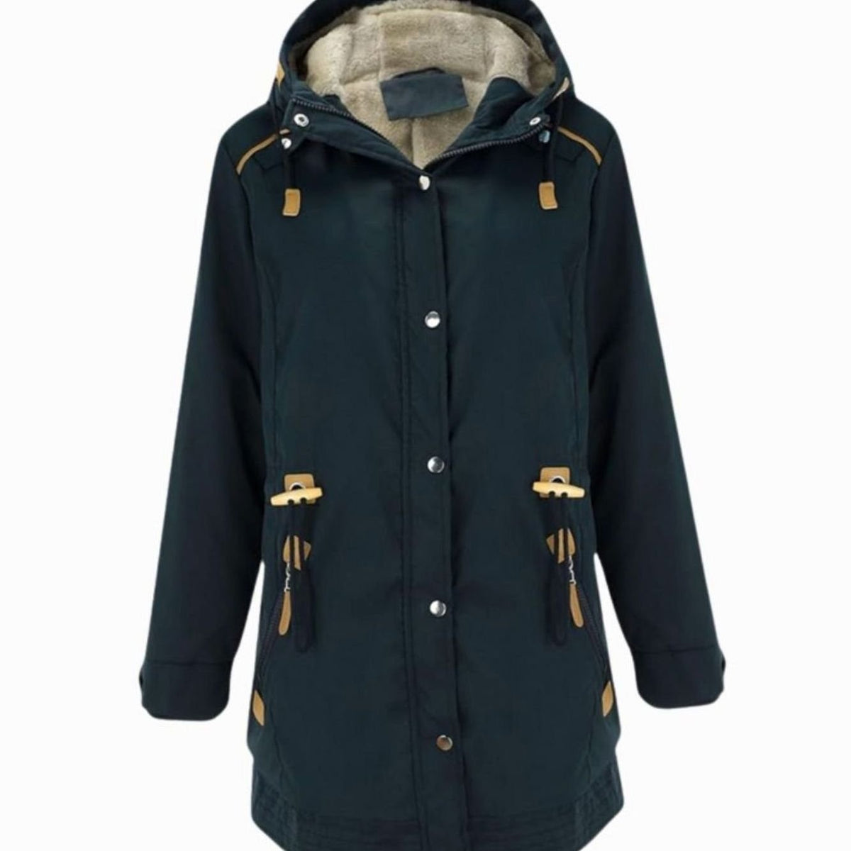 Women's Fleece-Lined Hooded Parka Winter Coat Adjustable Waist - Navy Blue