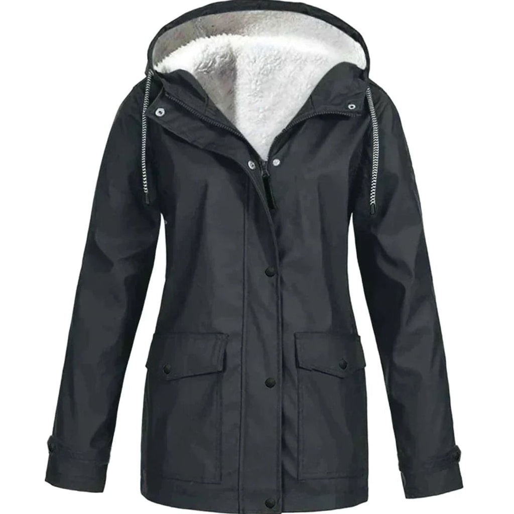 Women's Fleece-Lined Hooded Waterproof Parka Jacket - Black