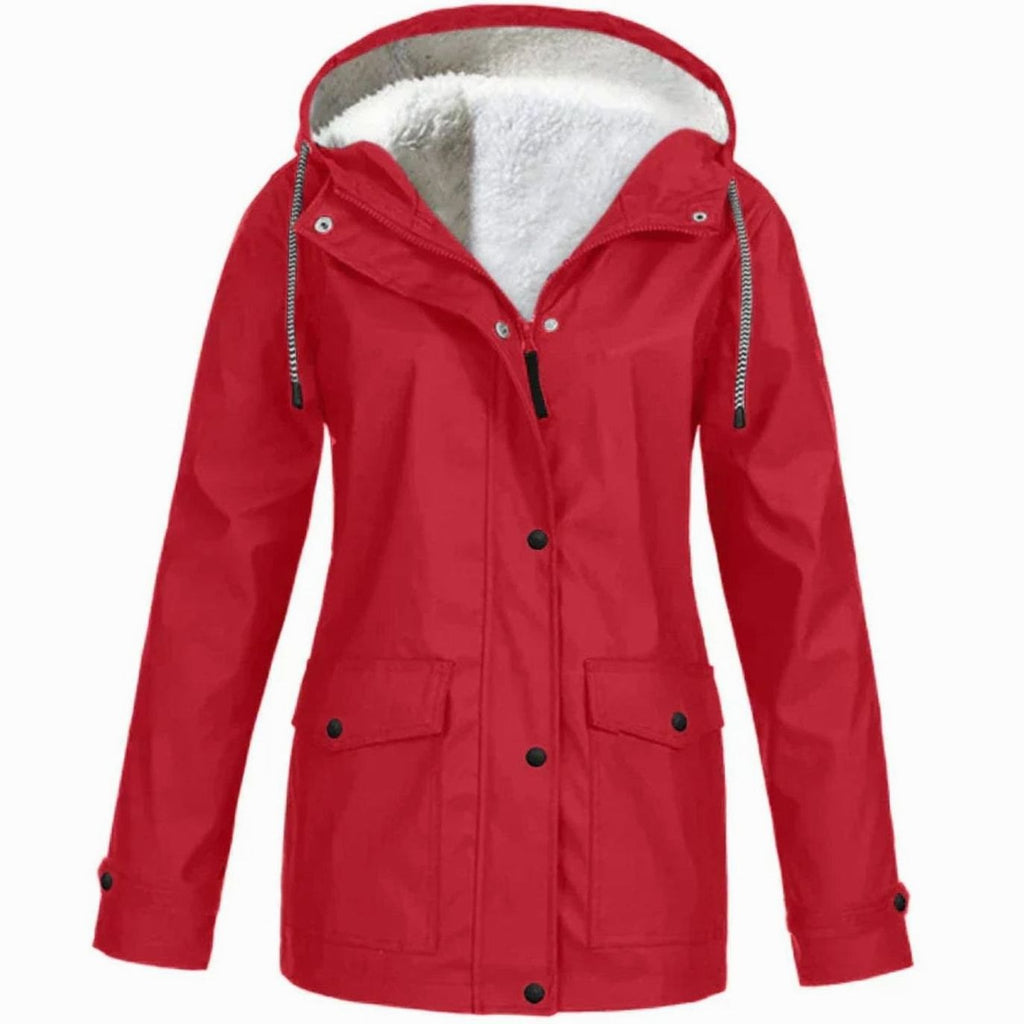 Women's Fleece-Lined Hooded Waterproof Parka Jacket - Red