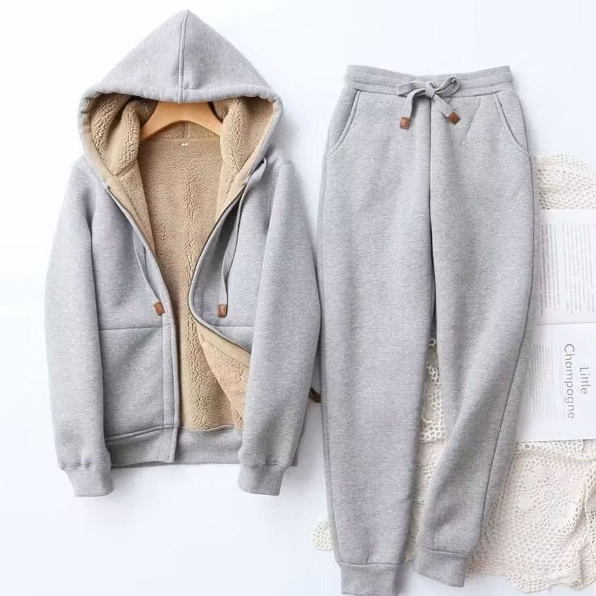 Women's Fleece-Lined Winter Hoodie Jogger Set Sherpa - Gray