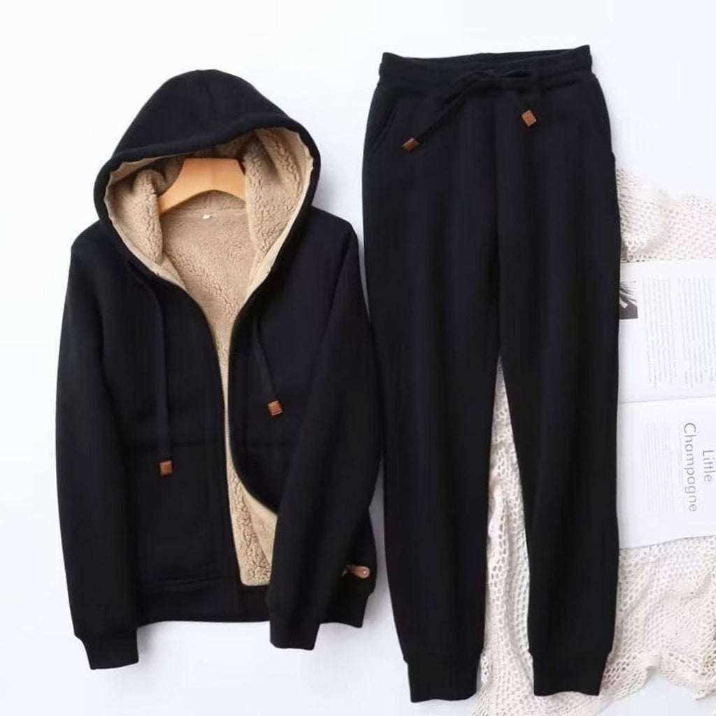 Women's Fleece-Lined Winter Hoodie Jogger Set Sherpa Interior - Black