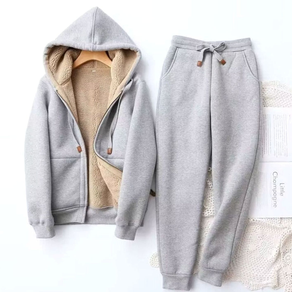 Women's Fleece-Lined Winter Hoodie Jogger Set Sherpa Interior - Gray
