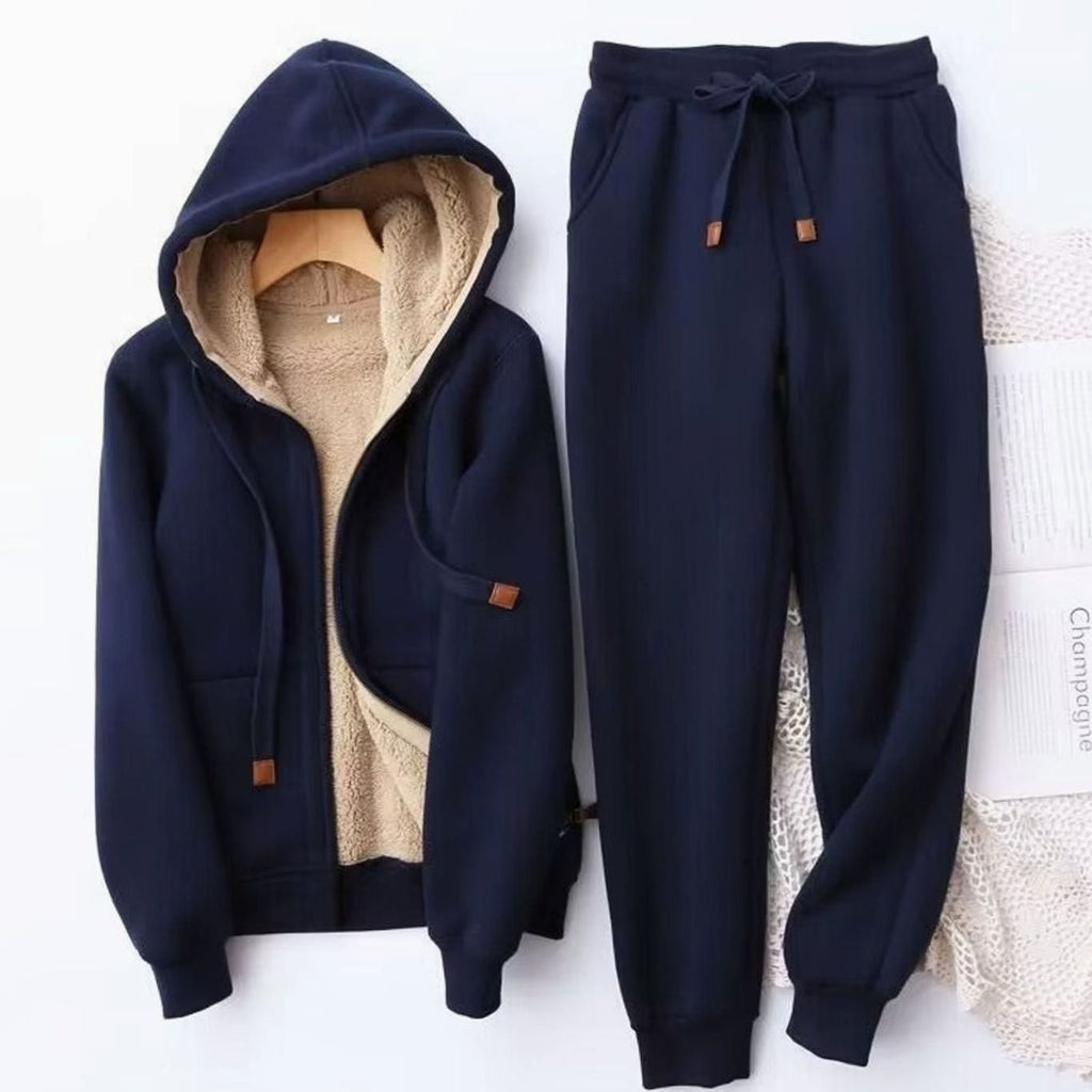 Women's Fleece-Lined Winter Hoodie Jogger Set Sherpa Interior - Blue
